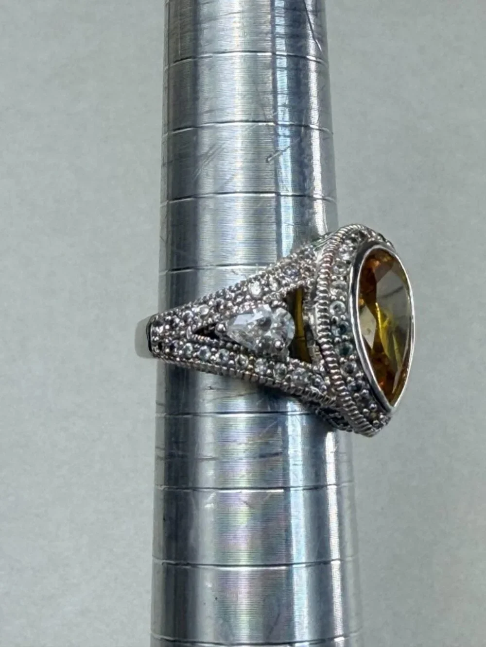 Silver Tone Citrine Glass Cocktail Ring Statement Vintage Style